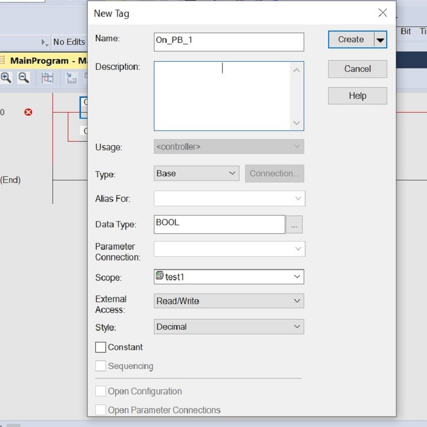 Figure 2 - Data Types in PLC Programming | Latching Circuit Tag Creation