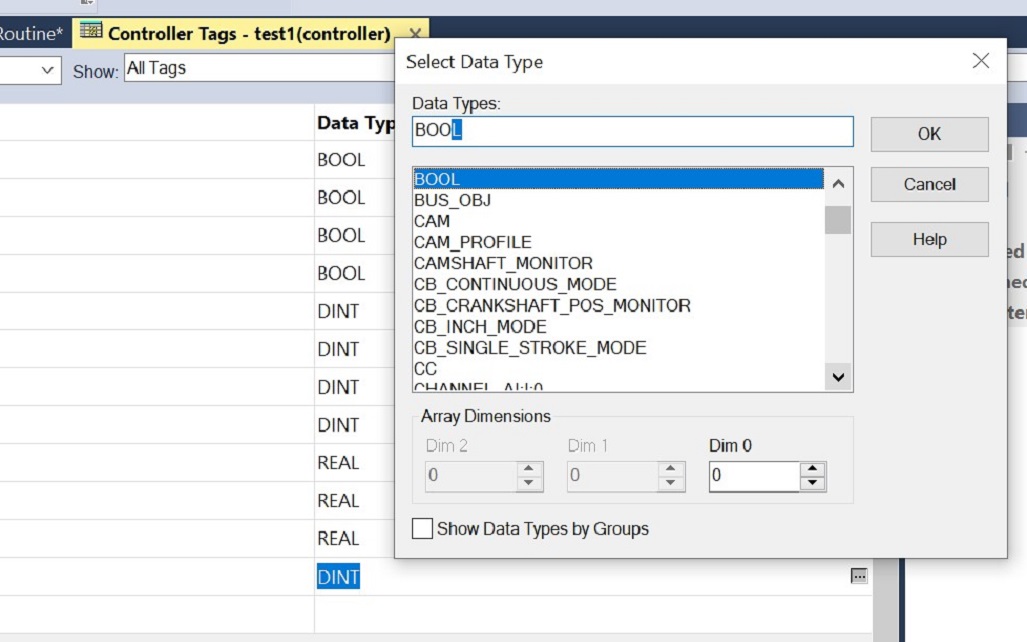 Figure 7 - Data Types in PLC Programming | Creating Tags in Controller Scope specifying Data Types