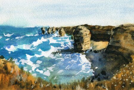 Australian watercolor landscape painting showcasing the breathtaking Twelve Apostles scene.