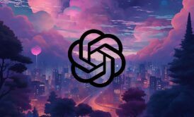 ChatGPT logo on a city with a pink sky and clouds background