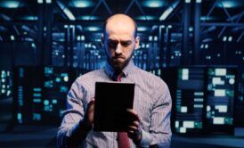 a man dressed in a suit is holding a tablet, concentrating on daily management duties