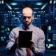 a man dressed in a suit is holding a tablet, concentrating on daily management duties