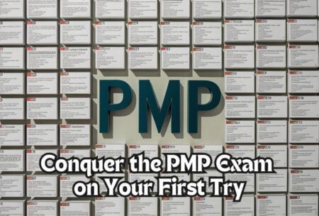 PMP exam preparation image with the words 'Conquer the PMP exam on your first try' and 'PMP mock exam’