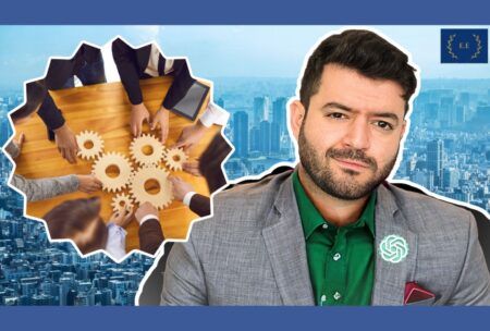 a man in a suit and tie sits before a city skyline, embodying professionalism and project management fundamentals