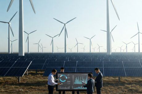 Three individuals stand before wind turbines, symbolizing sustainable finance and renewable energy solutions.