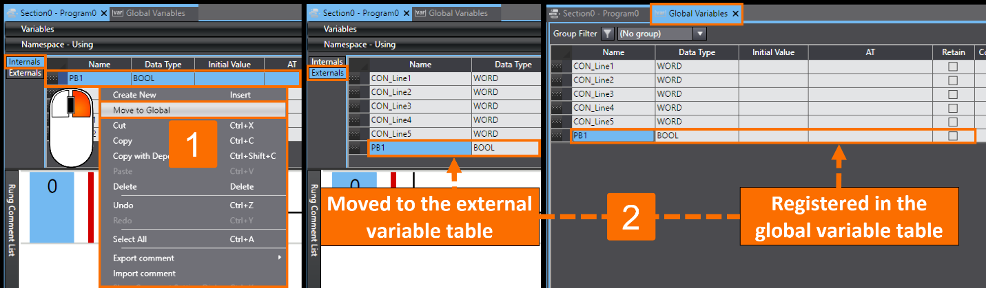 Figure 4.1 - Omron PLCÂ Programming | Moving an internal variable to the external variables table