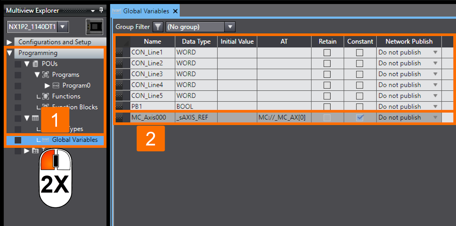 Figure 7.2 - Omron PLCÂ Programming | Populating the global variables table with created axis variable automatically