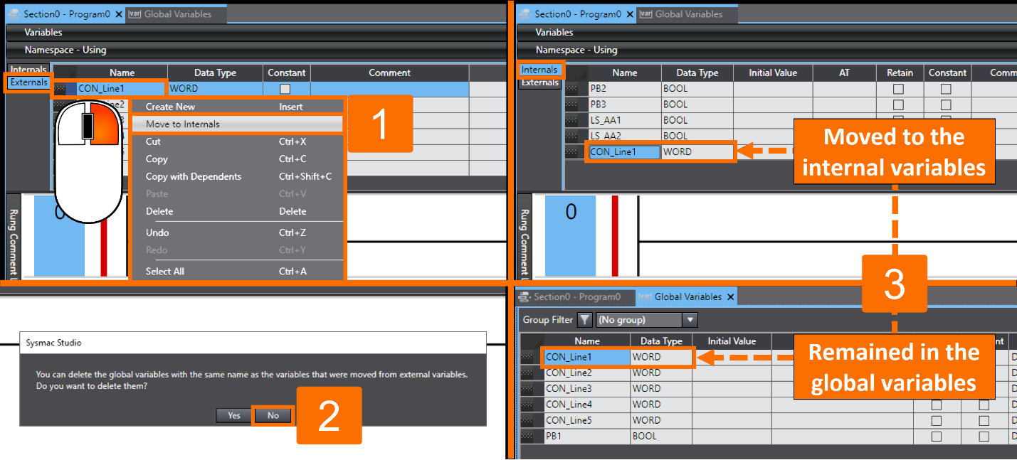 Figure 4.2 - Omron PLCÂ Programming | Moving an external variable to the internal variables table while remaining in the global variables table