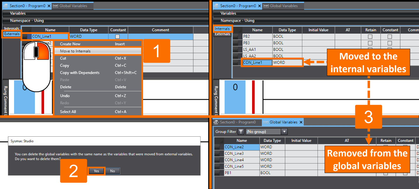 Figure 4.3 - Omron PLCÂ Programming | Moving an external variable to the internal variables table while removing it from the global variables table
