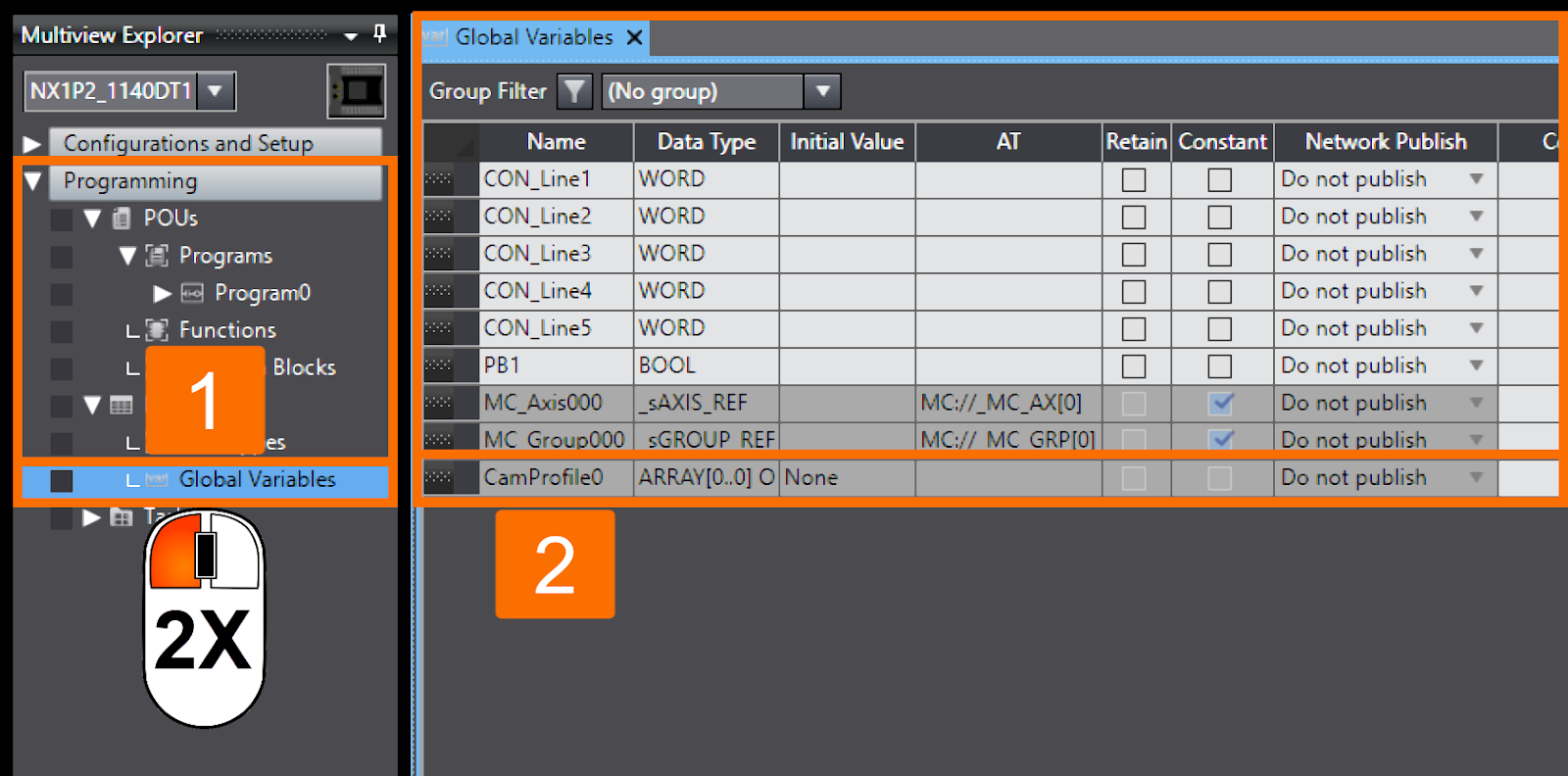 Figure 9.2 - Omron PLCÂ Programming | Populating the global variables table with created cam data variables automatically
