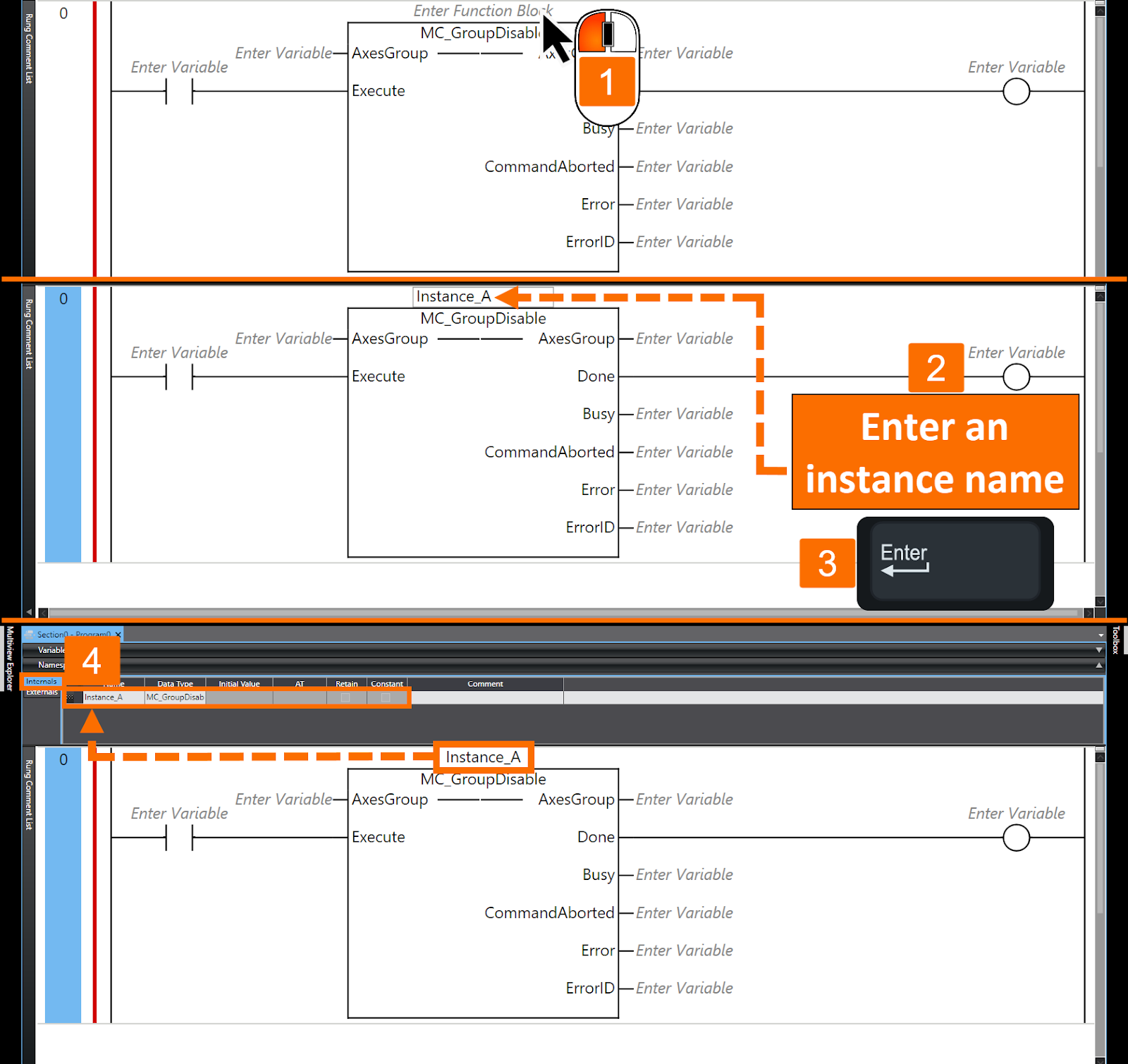 Figure 10.1 - Omron PLCÂ Programming | Creating function block instance variableÂ