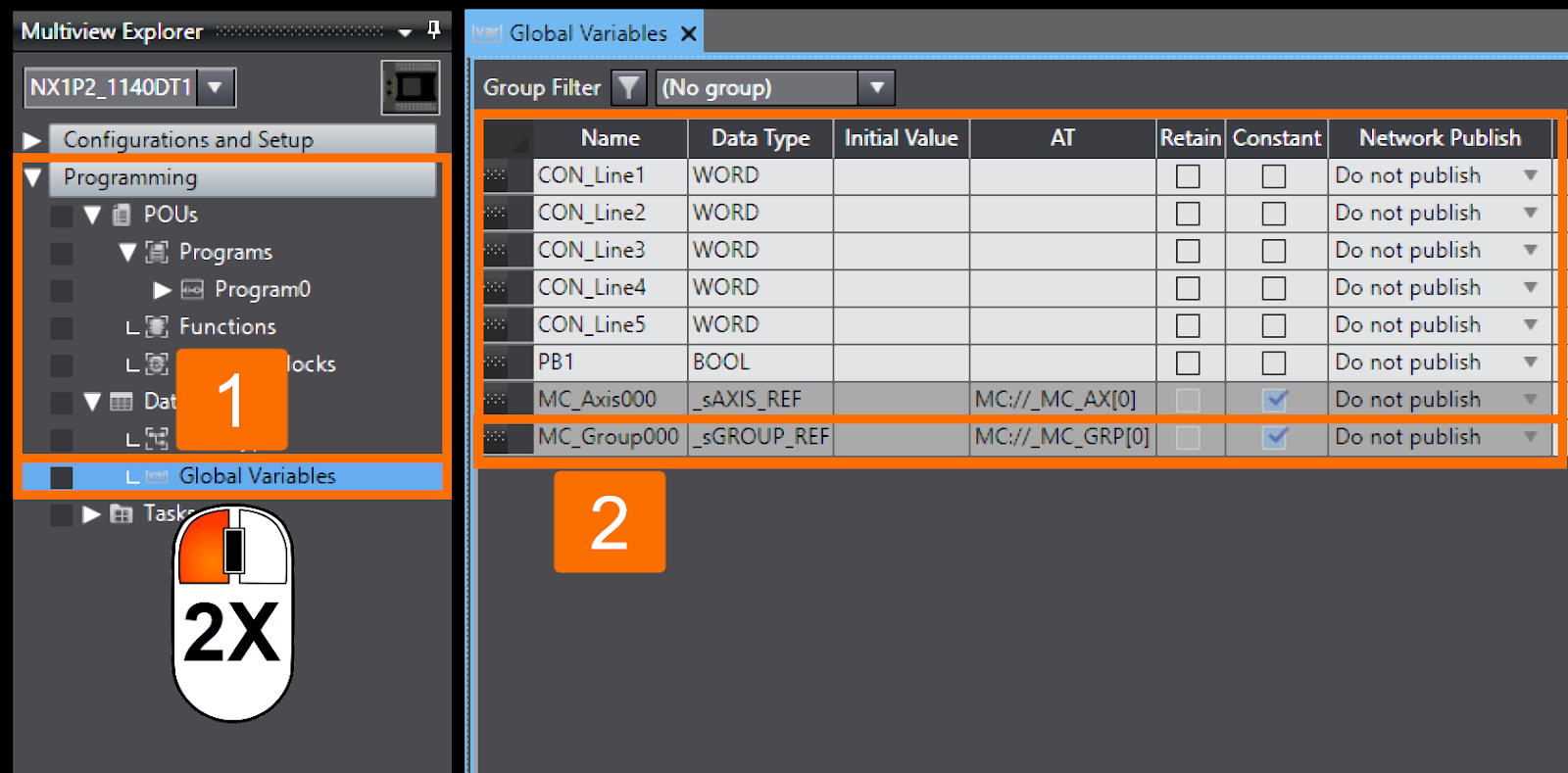 Figure 8.2 - Omron PLCÂ Programming | Populating the global variables table with created axes group variable automatically