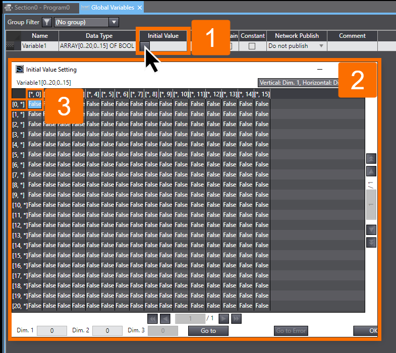 Figure 2.3 - Sysmac Studio PLC Programming | Opening an initial value setting window for an array variable