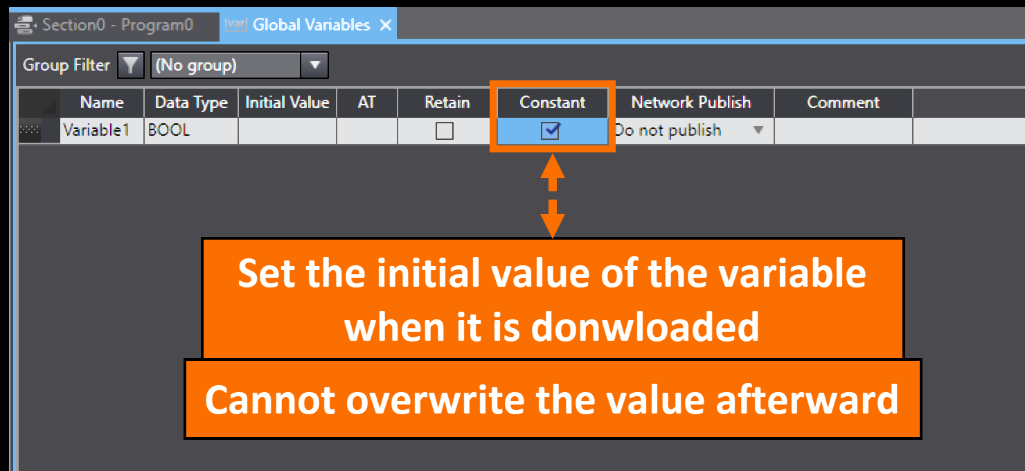 Figure 2.9 - Sysmac Studio PLC Programming | Specifying the variable’s initial value during downloading