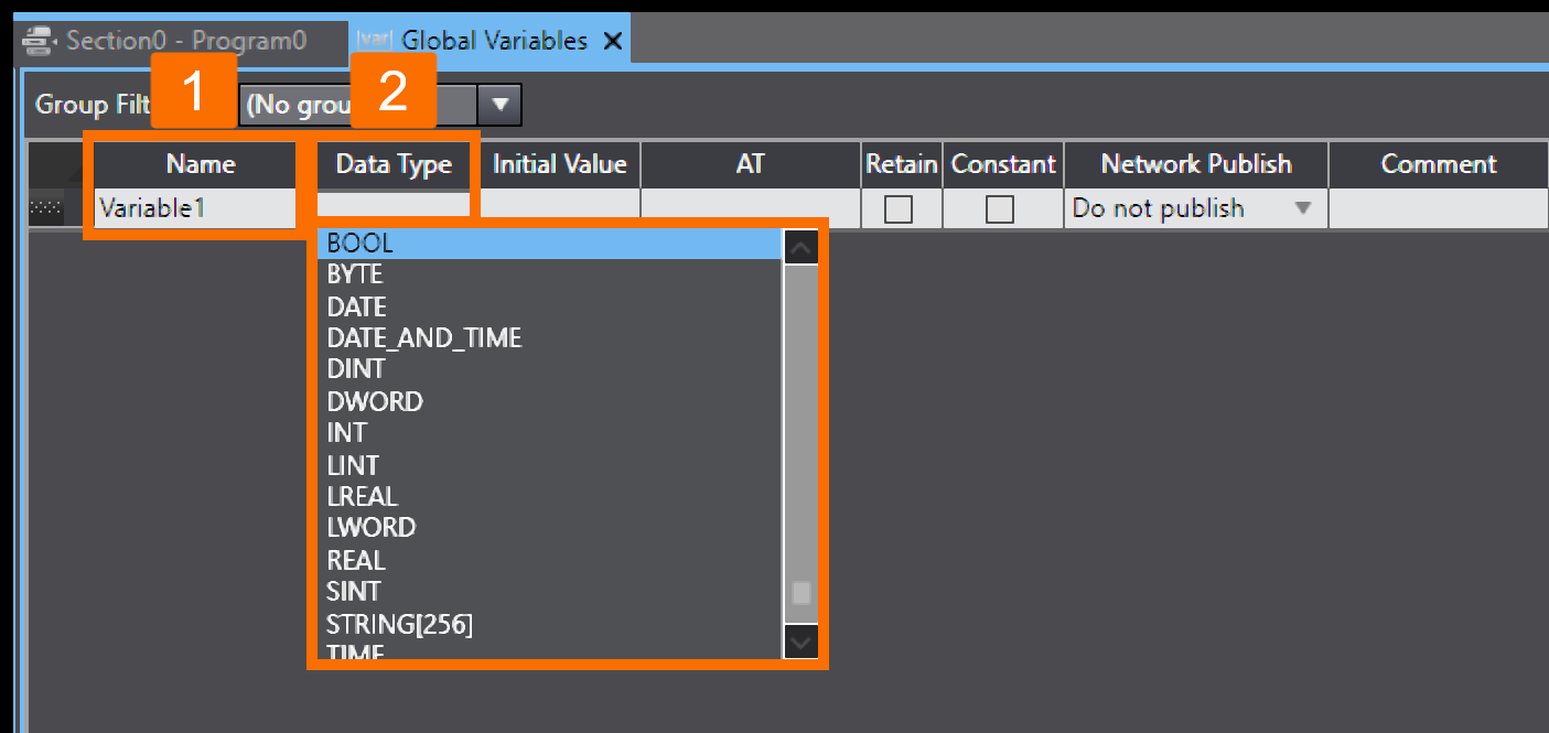 Figure 2.1 - Sysmac Studio PLC Programming | Assigning a name and data type to a variable
