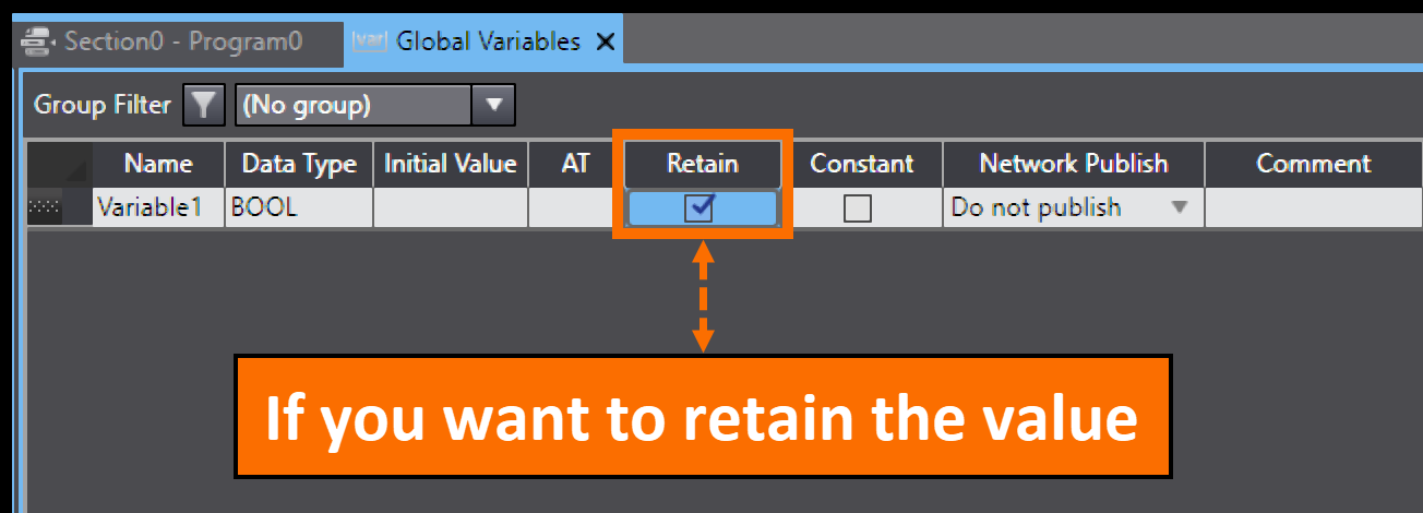 Figure 2.8 - Sysmac Studio PLC Programming | Preserving the values of a variable