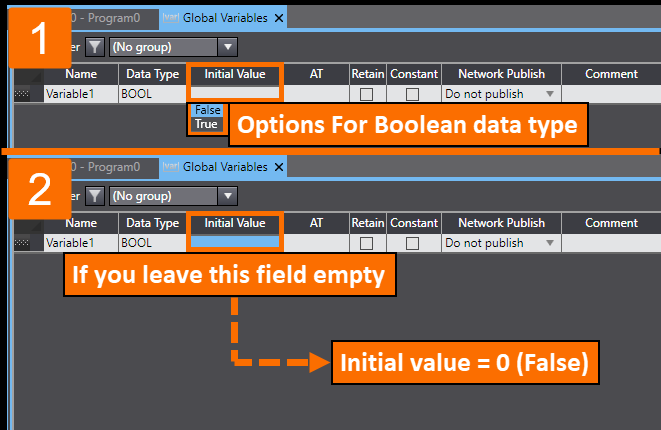 Figure 2.2 - Sysmac Studio PLC Programming | Assigning an initial value to a BOOL variable
