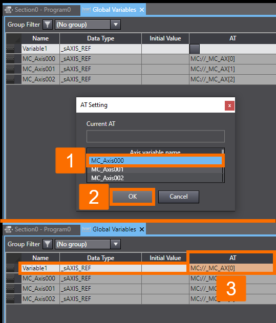 Figure 2.7 - Sysmac Studio PLC Programming | Assigning an AT address to an axis variable