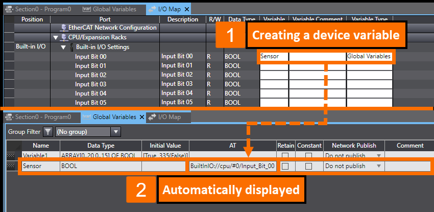 Figure 2.5 - Sysmac Studio PLC Programming | AT specification of a device variable