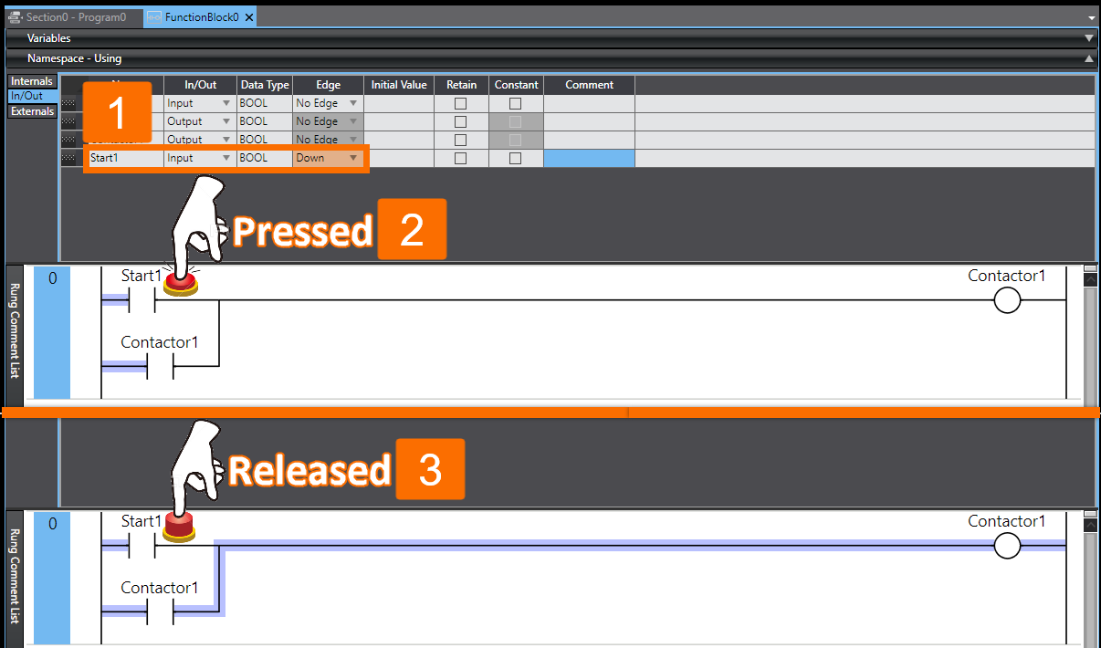 Figure 2.15 - Sysmac Studio PLC Programming | Edge attribute restricted to in/out variable group - Down function