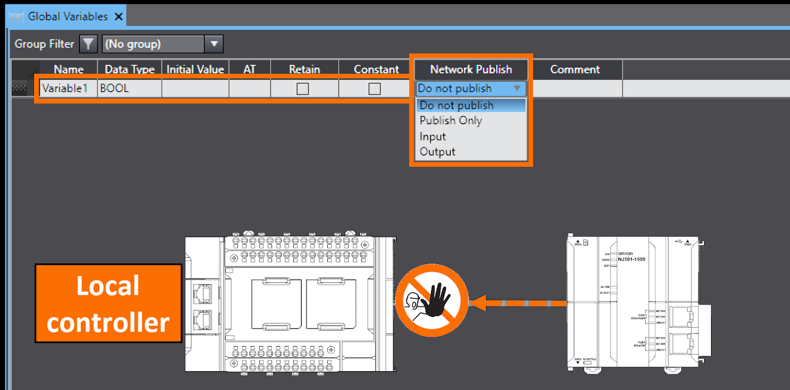 Figure 2.10 - Sysmac Studio PLC Programming | Network publish attribute - Do not publish