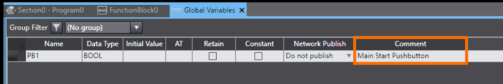 Figure 2.17 - Sysmac Studio PLC Programming | Entering a comment for a created variable