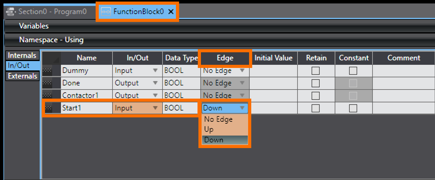 Figure 2.16 - Sysmac Studio PLC Programming | Available options for edge attribute restricted to in/out variable group