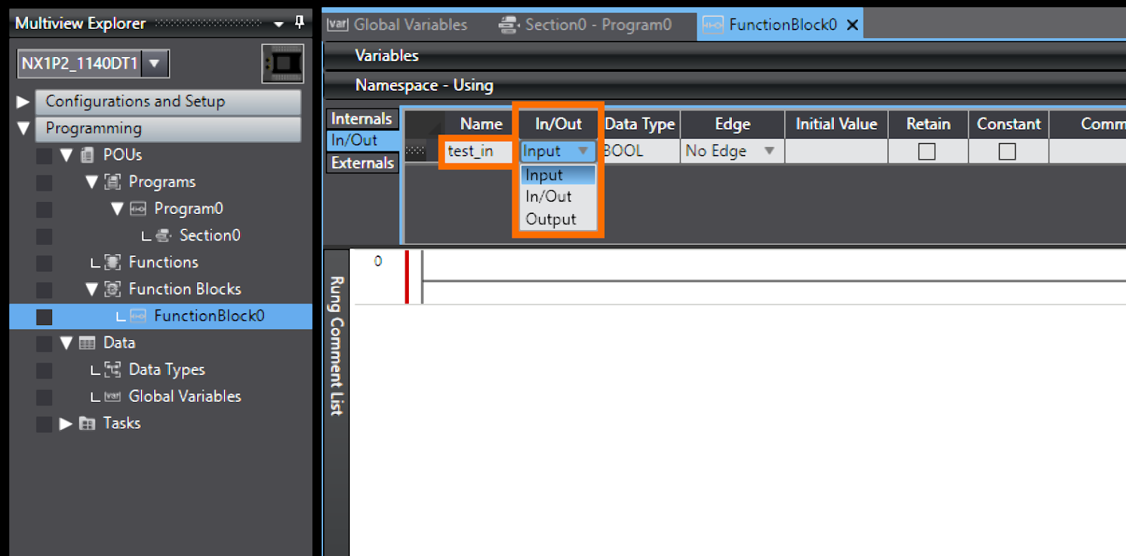 Figure 2.14 - Sysmac Studio PLC Programming | In/Out attribute restricted to in/out variable group