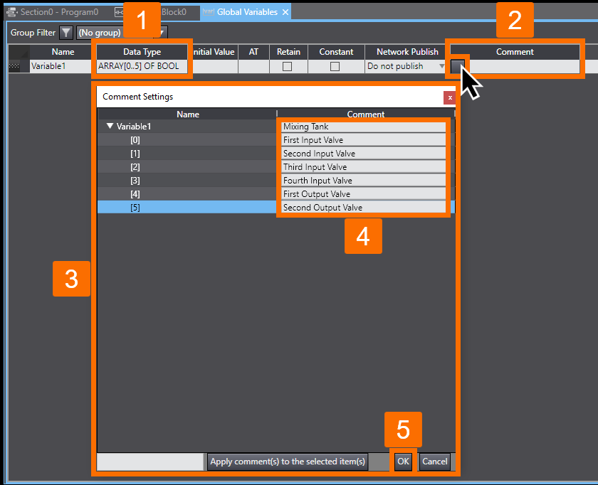 Figure 2.18 - Sysmac Studio PLC Programming | Entering comments for elements of an array variable