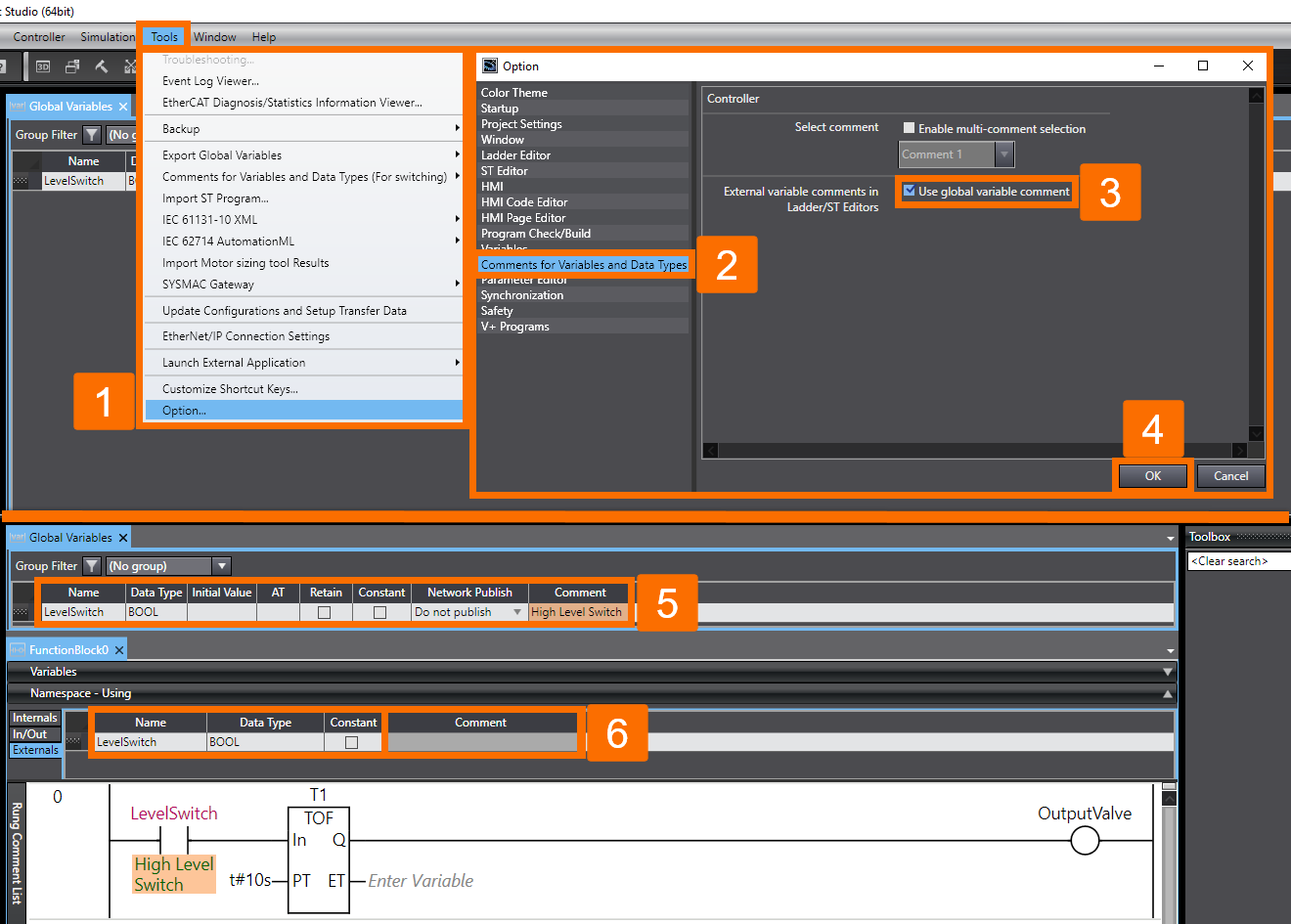 Figure 2.21 - Sysmac Studio PLC Programming | Using a global variable comment for an external variable in the local variable table