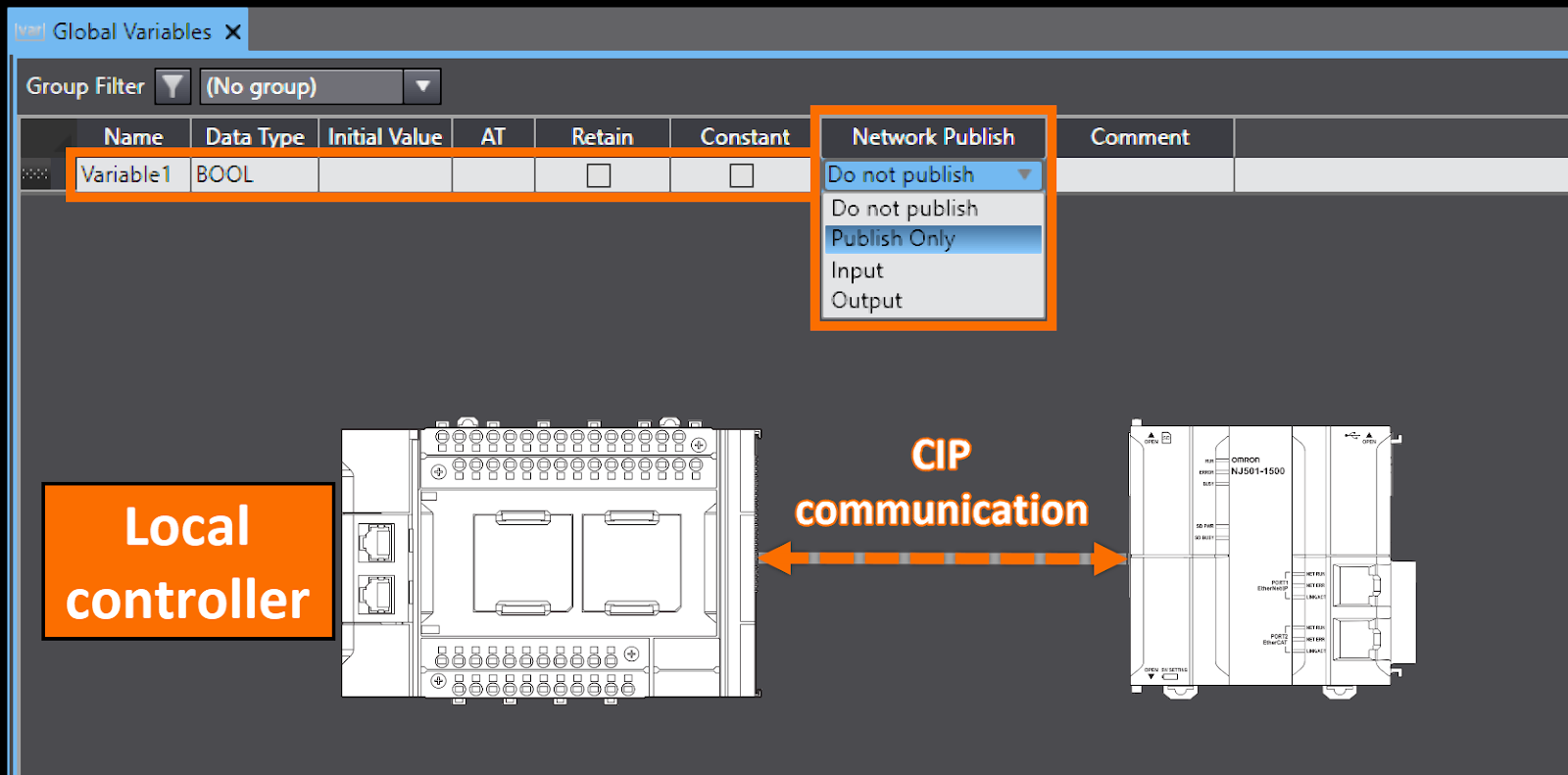 Figure 2.11 - Sysmac Studio PLC Programming | Network publish attribute - Do not publish