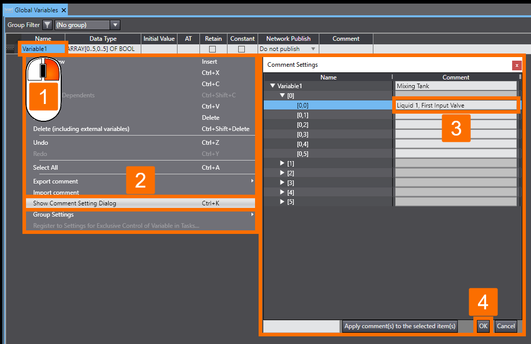 Figure 2.19 - Sysmac Studio PLC Programming | Accessing the comment settings dialog box through the shortcut menu
