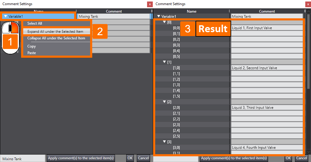 Figure 2.20 - Sysmac Studio PLC Programming | Expanding multiple levels of elements of an array variable to enter comments