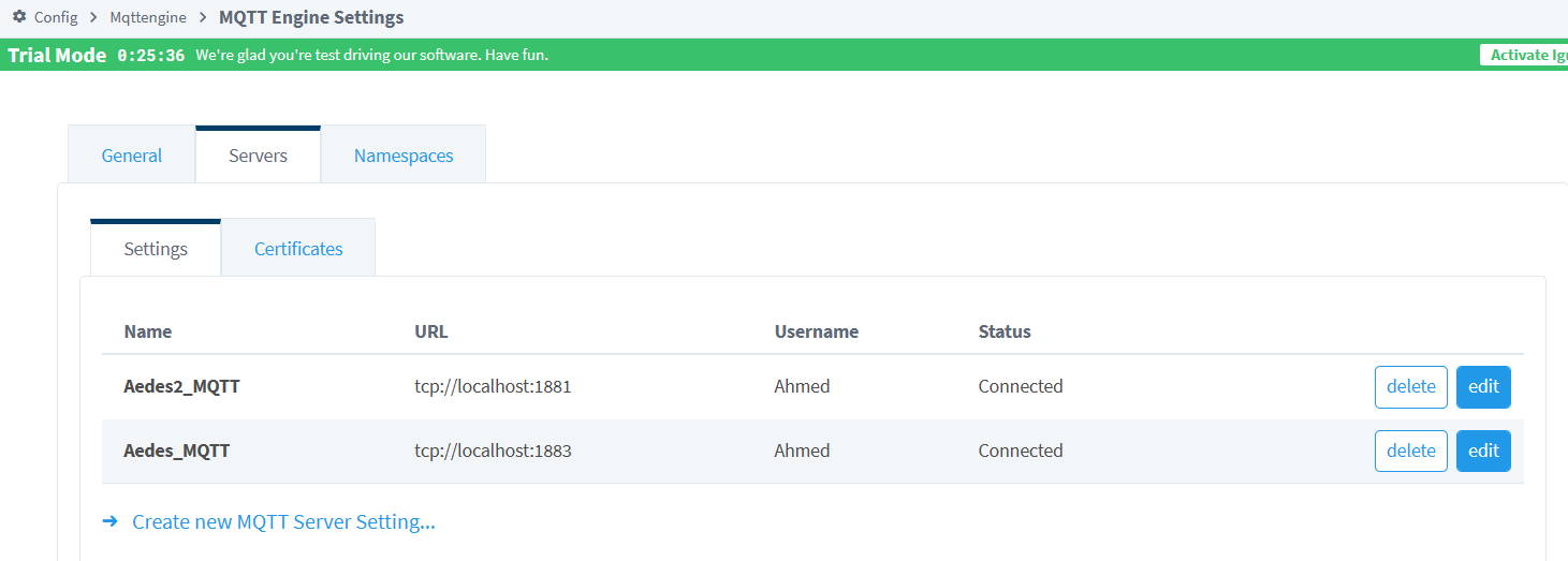 Figure 2.6 – Ignition | MQTT Connections