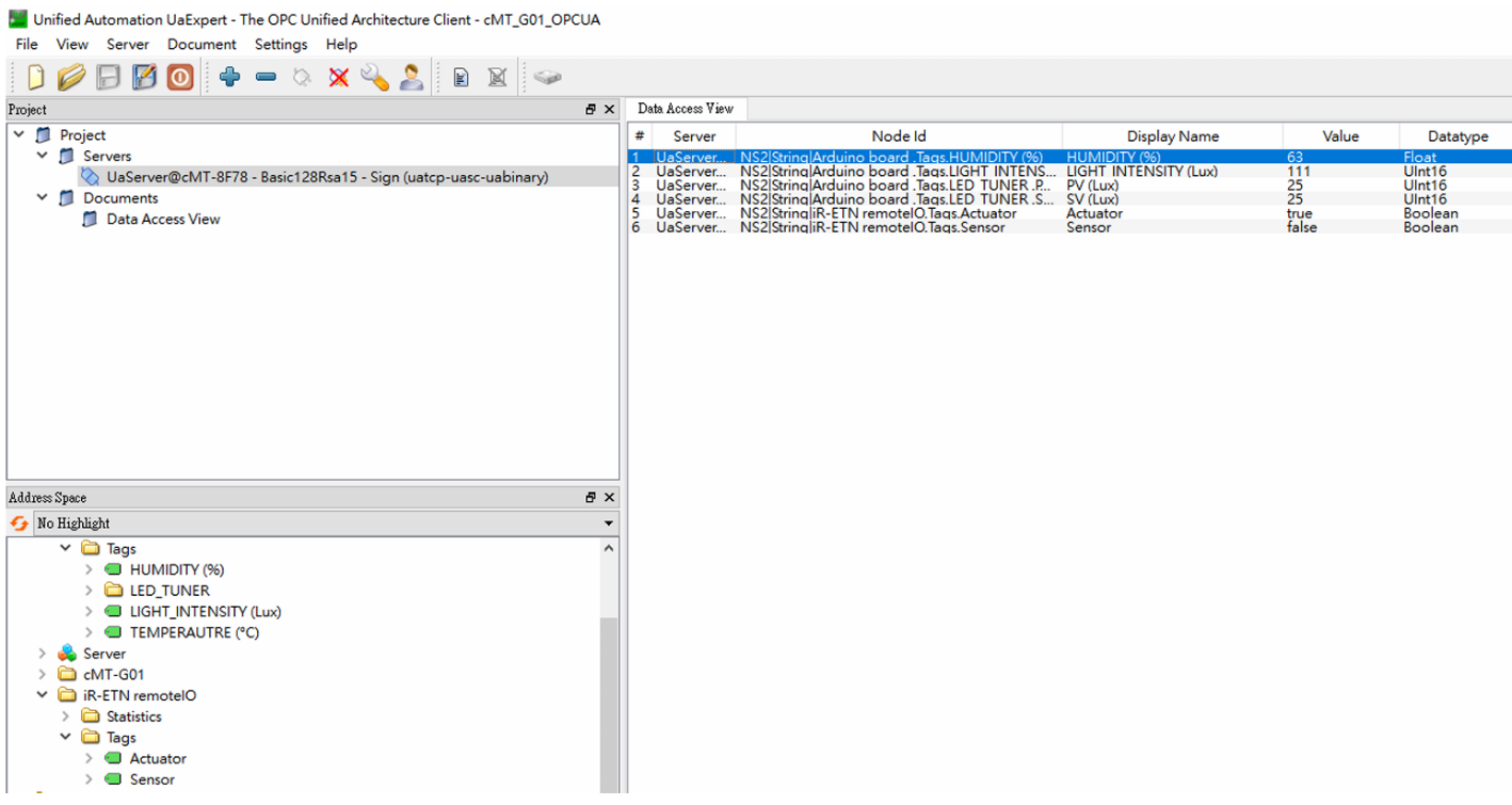 Figure 6.4 – UA Expert client connecting with cMT_G01 OPC UA Server