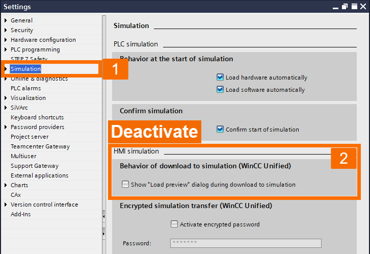Figure 9.2: Introduction to WinCC Unified - Deactivating load preview during download to simulation
