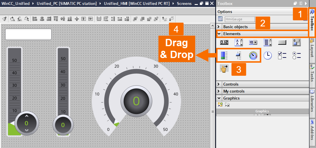 Figure 7.2: Introduction to WinCC Unified - Adding different elements to the screen