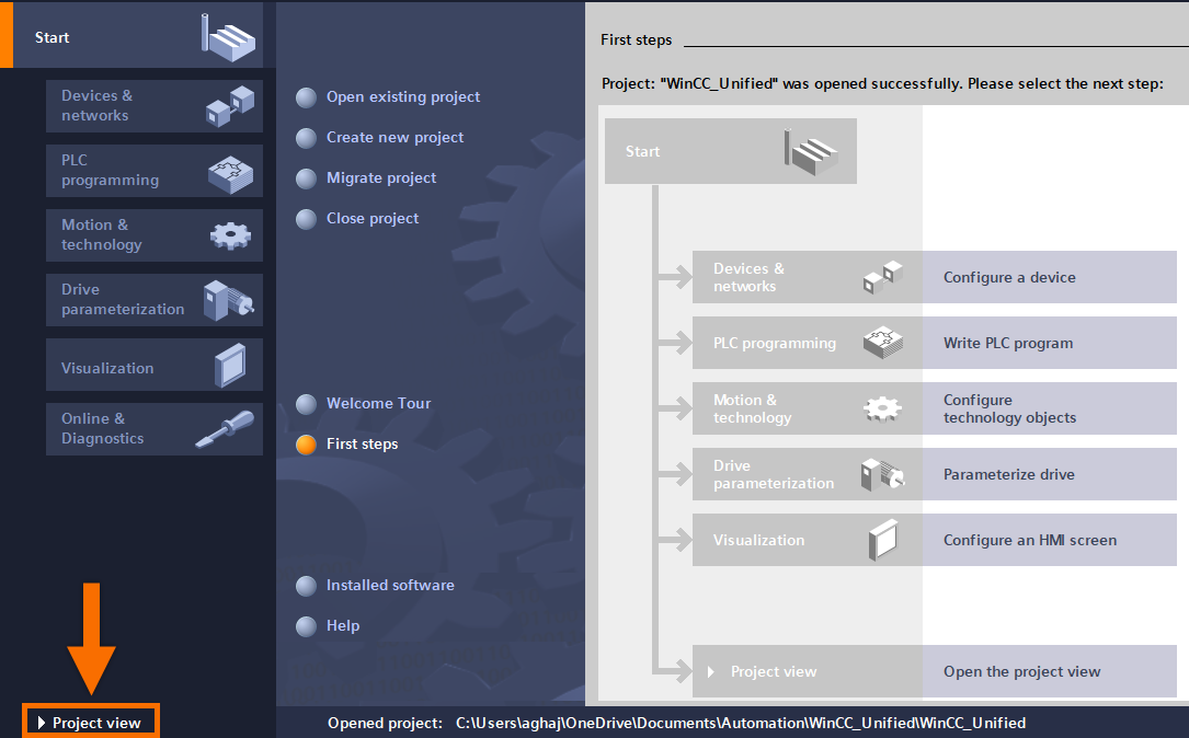 Figure 2.3: Introduction to WinCC Unified - Switching to project view
