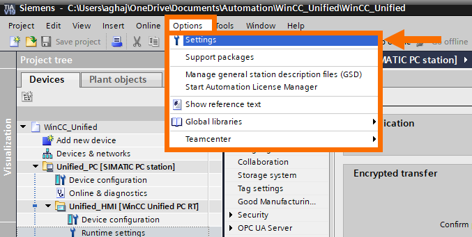 Figure 9.1: Introduction to WinCC Unified - Opening TIA Portal setting window