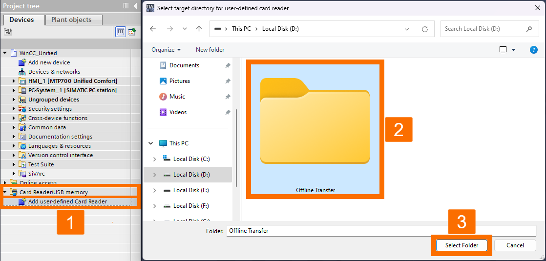 Figure 6.5: WinCC Unified: offline transfer - Adding user-defined card reader