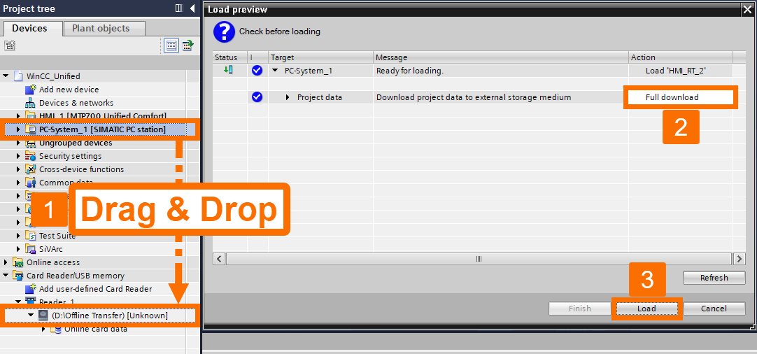 Figure 6.6: WinCC Unified: offline transfer - Loading the Unified PC station to the card reader