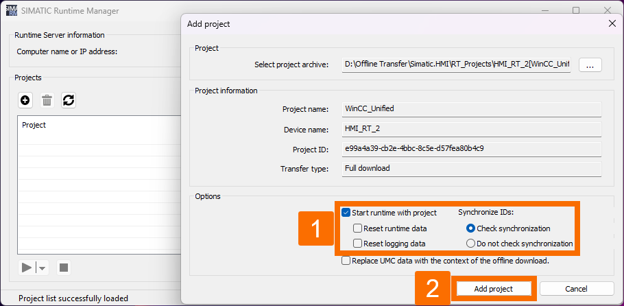 Figure 8.2: WinCC Unified: offline transfer - Activating relevant options