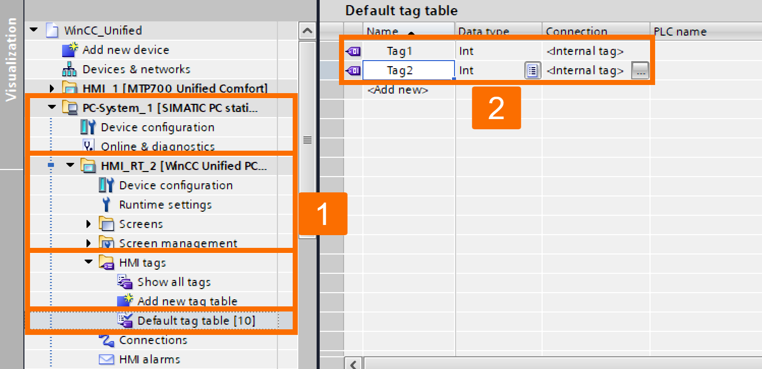 Figure 6.3: WinCC Unified: offline transfer - Defining internal tags for Unified PC