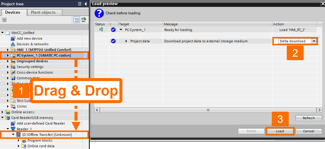 Figure 7.3: WinCC Unified: offline transfer - Loading the modified project to the card reader