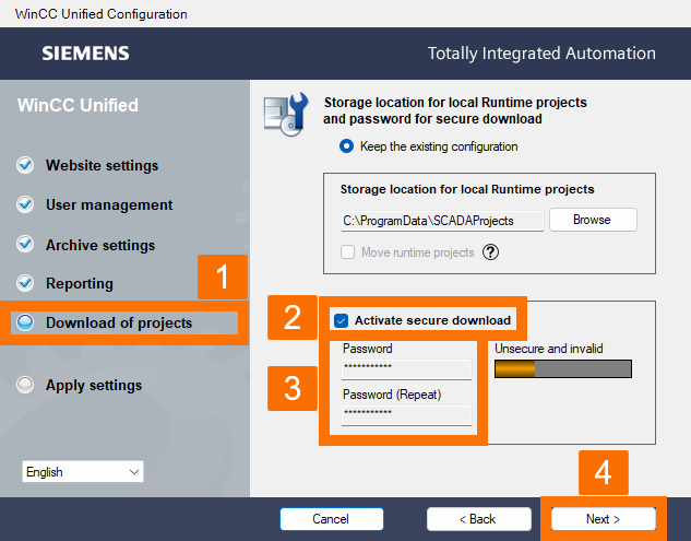Figure 3.3: WinCC Unified: secure downloads - Activating secure download