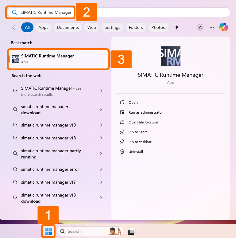 Figure 4.1: WinCC Unified: secure downloads - Launching the “SIMATIC Runtime Manager”