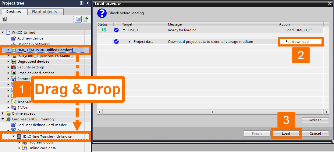 Figure 9.2: WinCC Unified: offline transfer - Loading the Unified HMI project to the card reader