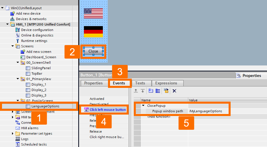 Figure 4.4: WinCC Unified pop-ups - Configuring the close button with the ClosePopup function