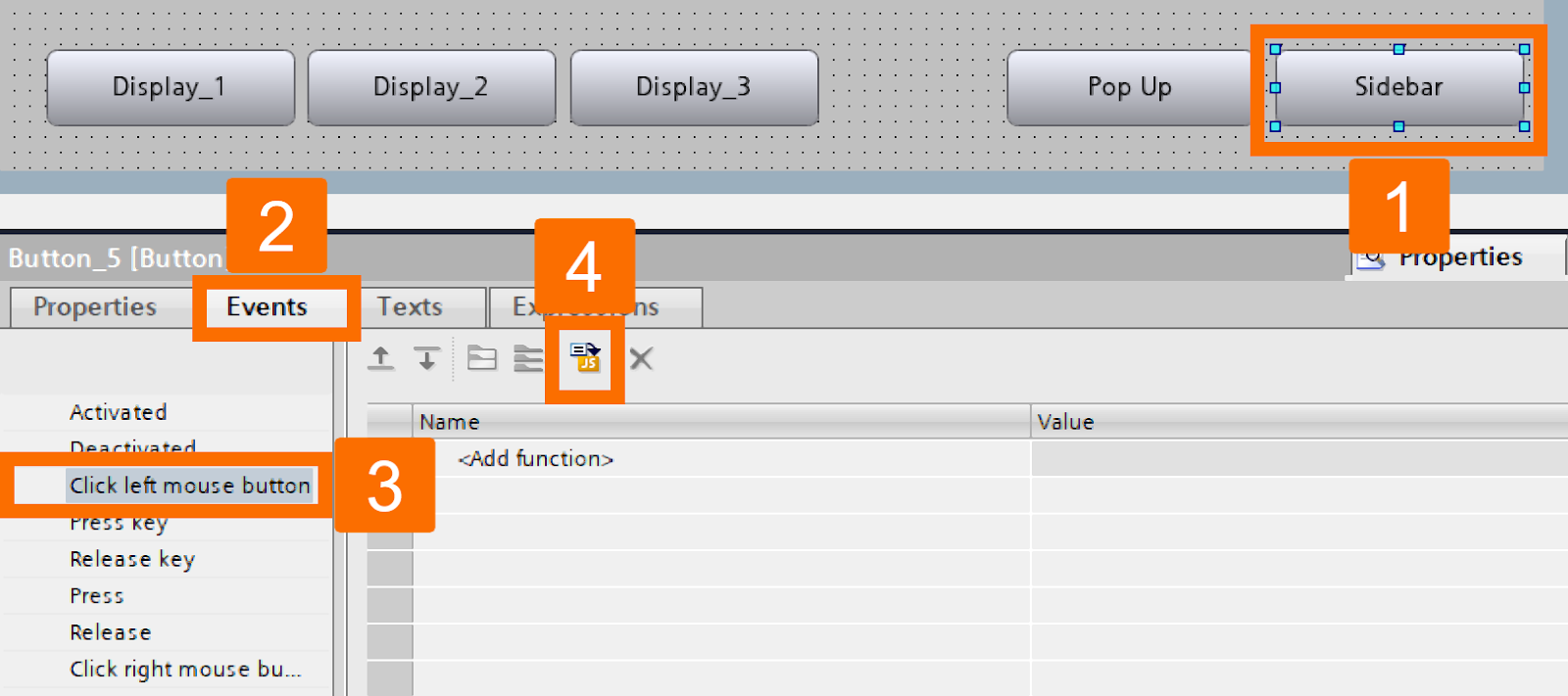 Figure 5.2: WinCC Unified sliding panels - Accessing JS code mode for sidebar customization