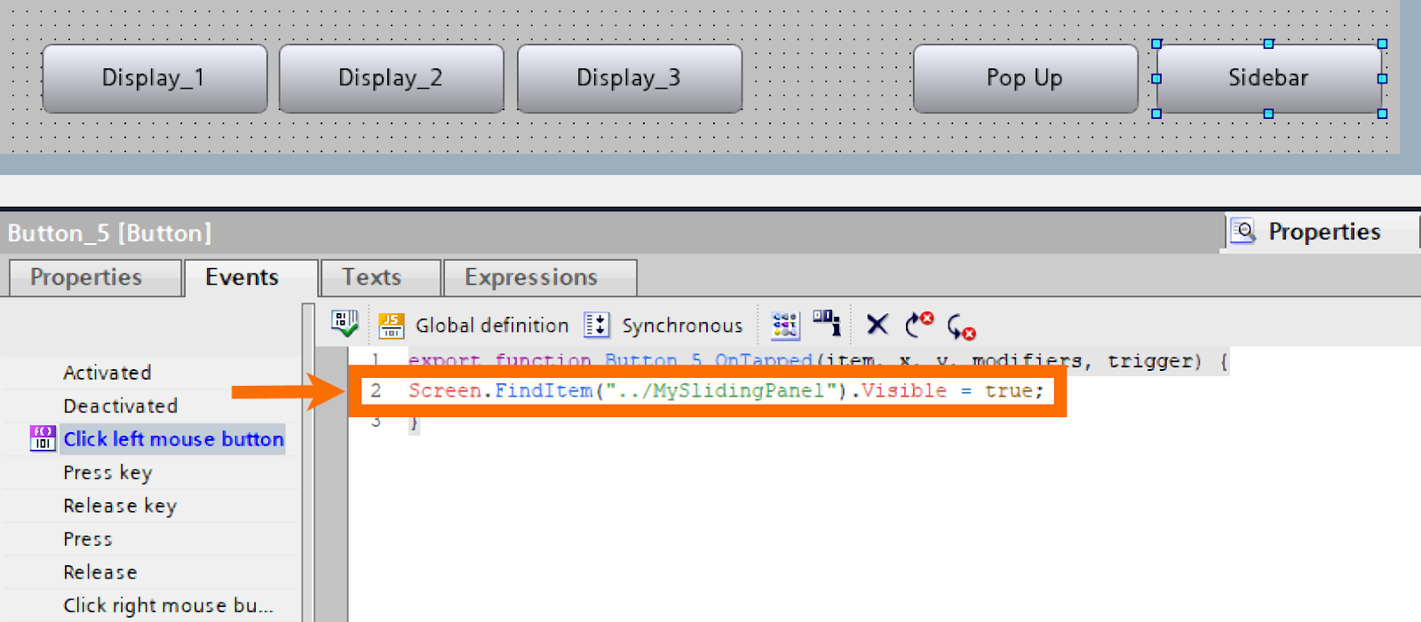 Figure 5.3: WinCC Unified sliding panels - Enabling slide panel visibility via JS code